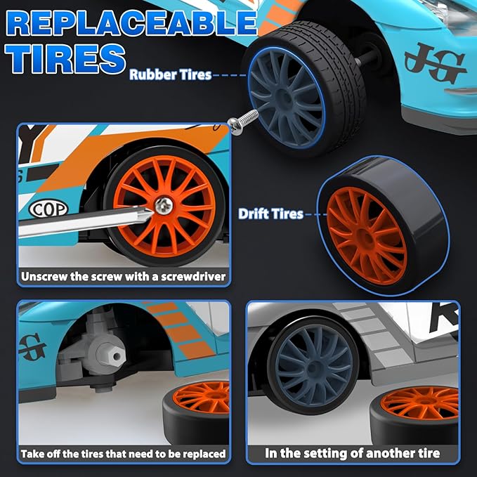 Remote Control Car RC Drift Car 2.4GHz 1:24 Scale 4WD 15KM/H High Speed, Rechargeable High Speed RC Cars with Cool Lights, Two Batteries and Extra Tires Toys for Kids