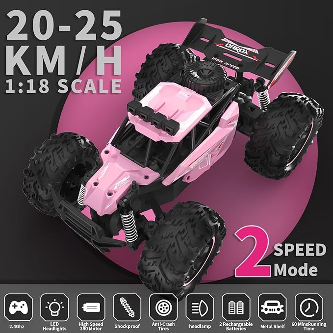 Carox Remote Control Car, 2.4GHz 25KM/H High Speed RC Car, 1:18 Off-Road Monster Truck with LED Lights and 1800mAh Rechargeable Battery – Ideal Gift for Boys 6+