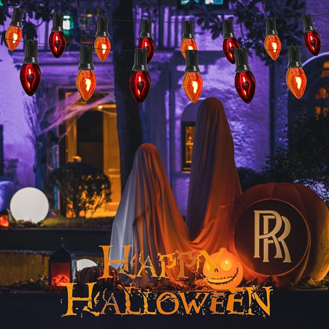 25Ft C7 Halloween Orange Purple String Lights Outdoor, Christmas Decorations Patio Light with 25 Orange/Purple Flickering Flame Lights Waterproof UL Listed for Outdoor Party Garden Bistro Roof Decor