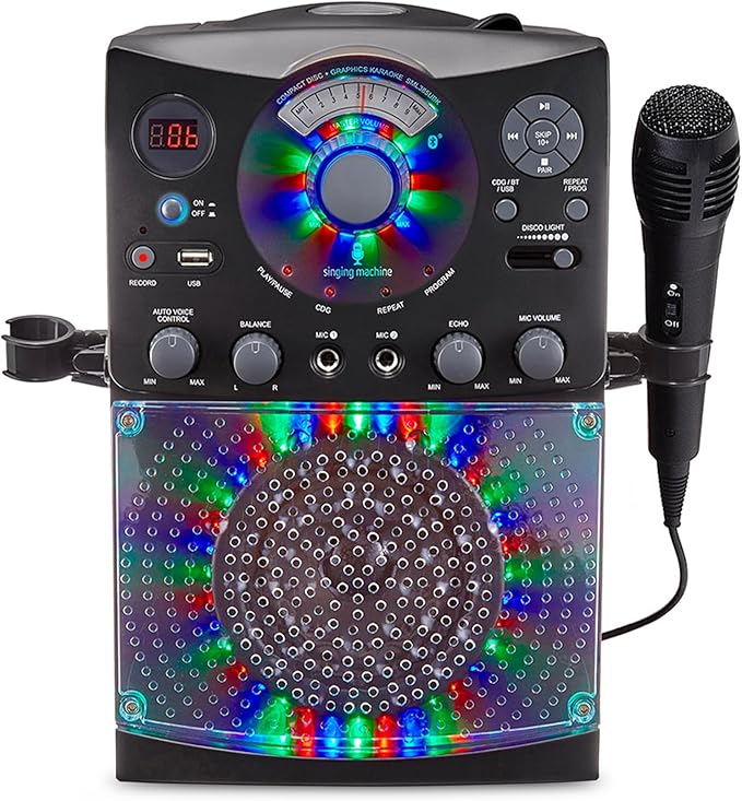 Singing Machine Karaoke Machine for Kids and Adults with Wired Microphone - Built-In Speaker with LED Disco Lights - Wireless Bluetooth, CD+G & USB Connectivity - Black [Amazon Exclusive]