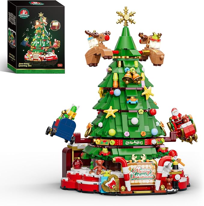 JAKI Christmas Tree Building Set, Rotating Music Box Christmas Tree with Lights, Christmas Decorations for Tabletop & Home, for Boys & Girls Ages 8+
