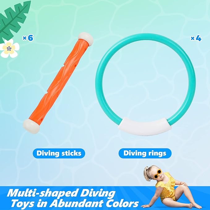 BELLOCHIDDO Diving Rings & Sticks Set - Underwater Training Pool Toys for Kids Ages 4-8, Summer Water Games Gift with Fun Accessories