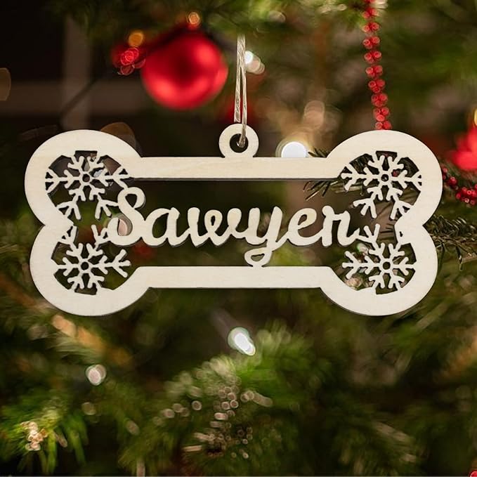 Personalized Dog Cat Paw Ornament Christmas, Custom Pet's Name Ornament, Customized Wooden Snowflake Bones Ornaments for Christmas Tree