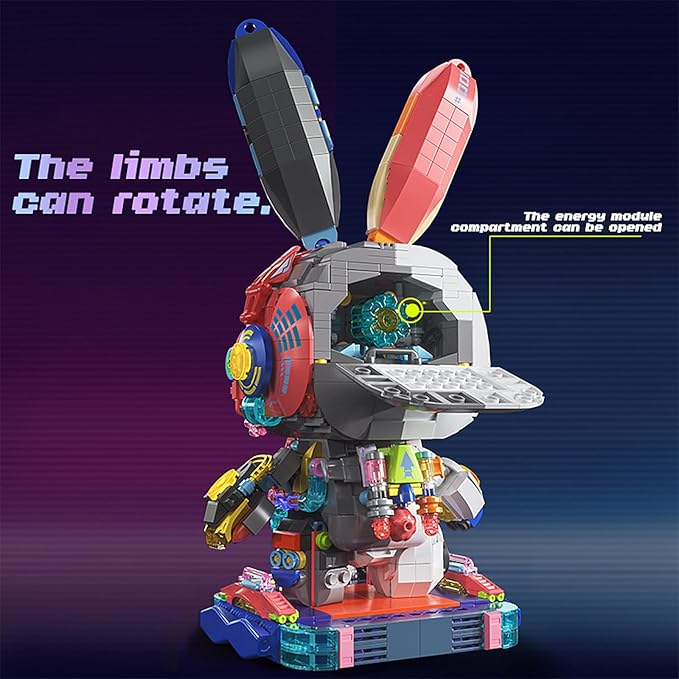 Mechanical Rabbit Building Set - Punk Style Animal Collection Toy Robot Bunny Sets with LED Light Neon Style Collectible Building Toy Home Decor Gift for Boys Girls Adults Teens Kids Ages 12+, 1377PCS