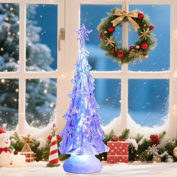 Acrylic Christmas Tree Table Decor, 14" Light up Color Changing Christmas Tree Figurine, Battery Operated Home Decorations Gift for Indoor Holiday Party Mantel Fireplace Centerpiece Decor