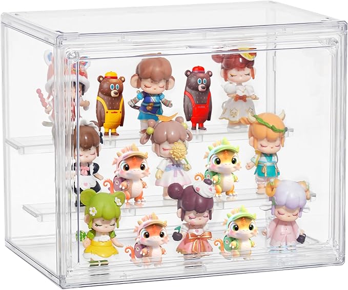 Acrylic Display Case,3 Layer Clear Display Case Adjustable Display Box Stand with 2 Movable Dividers Small Showcase Magnetic Door for Collections Mini Figures