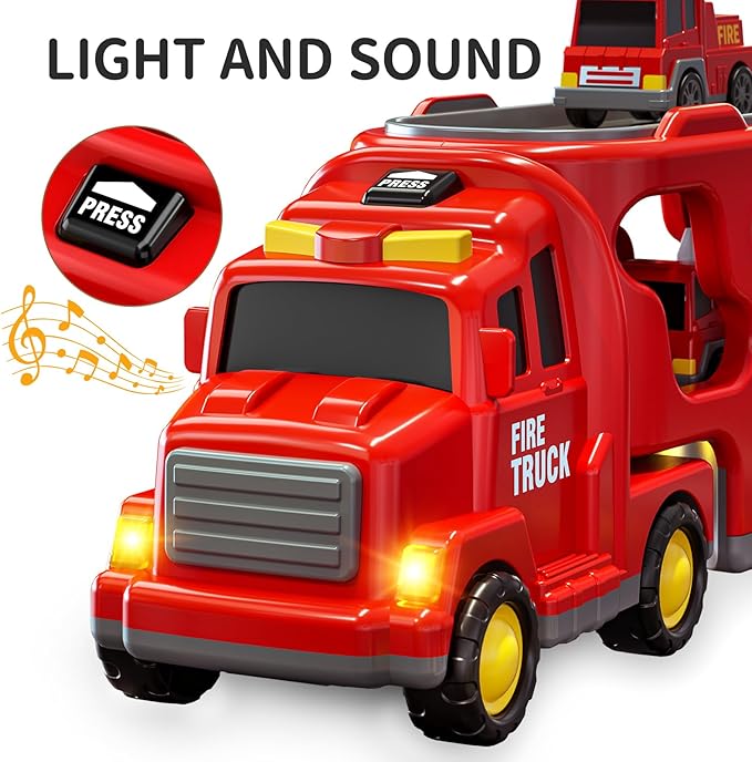 TEMI Fire Trucks Boy Toys for Toddlers 3-5 Year Old - Firetruck Toys for Kids 3 4 5 6 7, Transport Vehicle Carrier Set, Birthdays Gifts for Kids Girls Aged 4-6