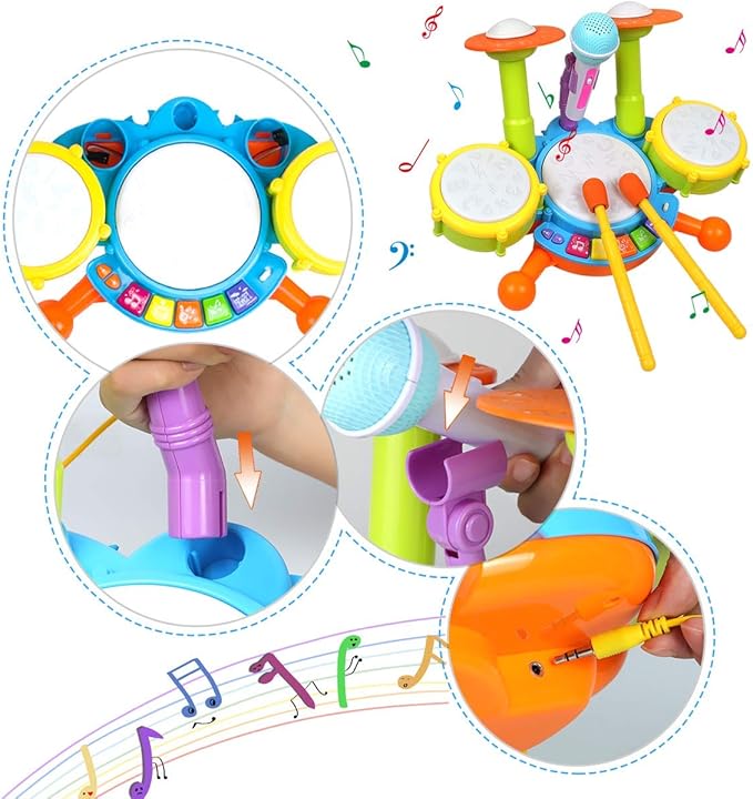 POKONBOY Kids Drum Set for Toddler 1-3, Musical Instruments Learning Toys with 2 Drum Sticks Adjustable Microphone Birthday Gifts for Boys Girls 6 12 18 Month