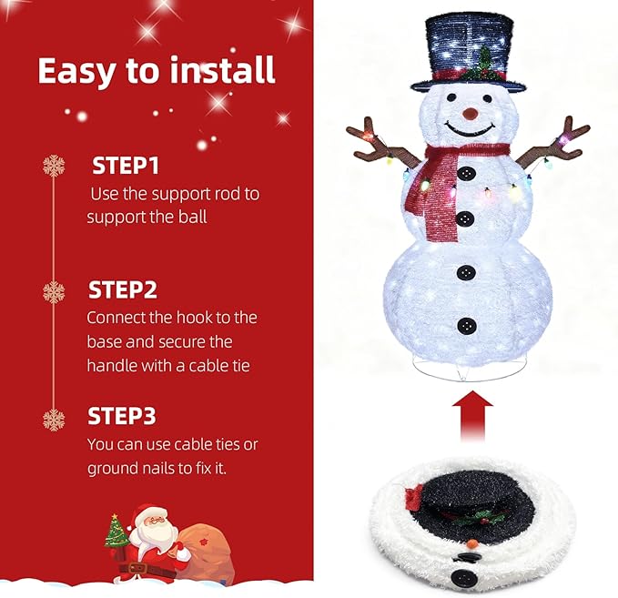 HOYECHI 5ft Lighted Pop-Up Snowman - Large White Outdoor Christmas Decoration with 200 LED Lights, Hat, Scarf, 10 Multicolored Lights, Holiday Ornaments for Home, Lawn and Front Yard