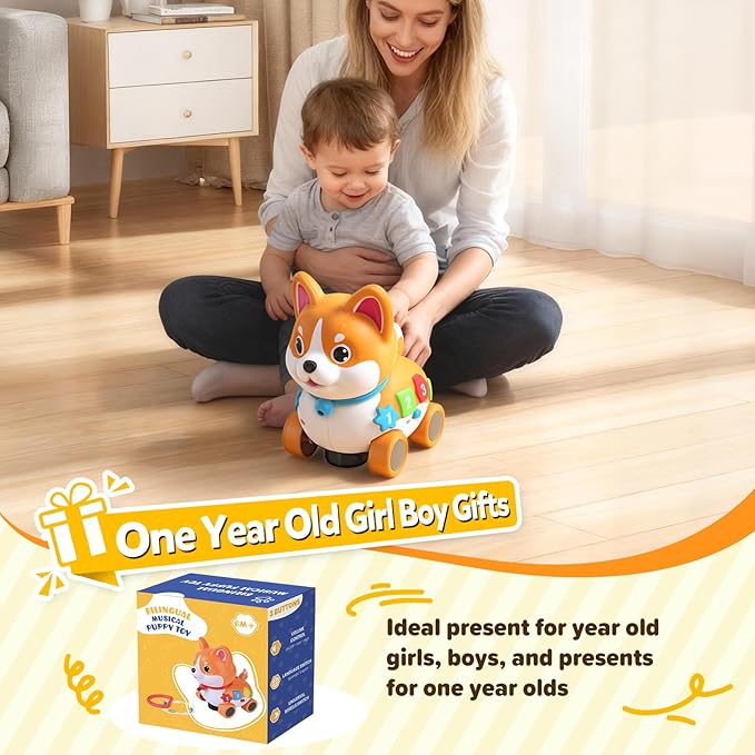 Toddler Toys for 6-12-18 Month, 3-in-1 Musical Puppy Toy, Crawling & Walking Toys for 1 Year Old Boy Girl Gifts, Birthday Gift, Bilingual Learning Educational Puppy for 7 8 9 10 Months (Yellow)