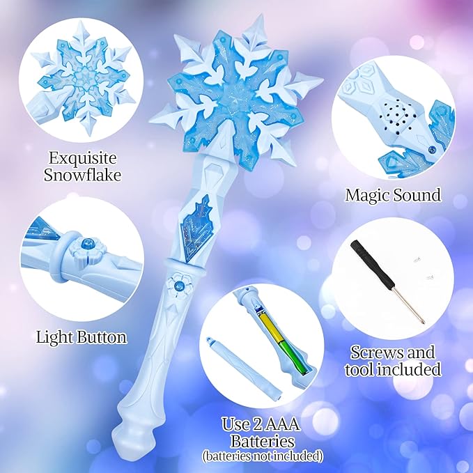 KingGlee Light Up Frozen Snowflake Wands with Sound(Motion Sensitive) Magic Toy for Kids Girls Princess Party Favors Costume Cosplay Accessories Blue 2 Pieces