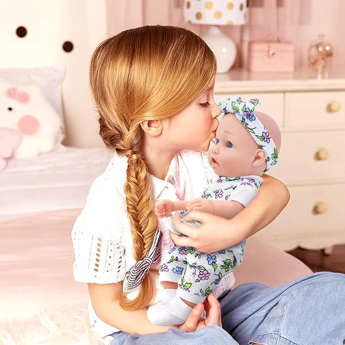 Ecore Fun 12 Inch Baby Doll with Clothes and Accessories,16 Pcs Reborn Alive Doll Playset Sets Include 12 Inch Doll,2 Sets of Clothes,Headband,Soft Socks,Tableware ,Feeding Bottle, Diapers,Nipple