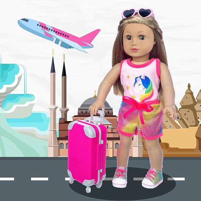 23 Pcs American 18 inch Doll Clothes and Accessories - Suitcase Luggage , Pillow, Sunglasses, Camera, Passport, Mobile Phone , Computer Doll Travel Gear Play Set (No Doll)