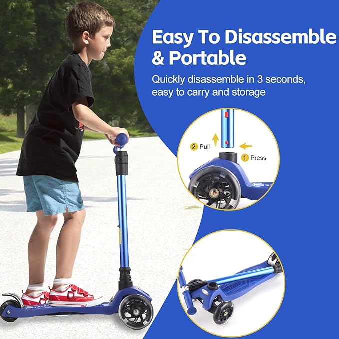 3 Wheel Scooter for Kids Ages 6-12,Kids Scooter with Light Up Wheels, Sturdy Deck Design, and 4 Height Adjustable Suitable for Kids Ages 3-12