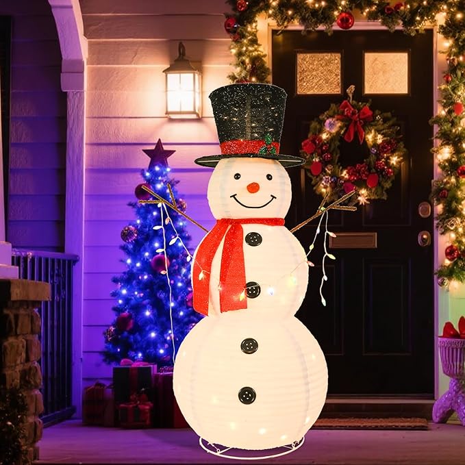 VCUTEKA 5FT Lighted Outdoor Snowman Decoration, Christmas Snowman with Red Scarf and Black Hat Holding Colorful Lights, LED Light-Up Holiday Lawn Yard Garden Décor