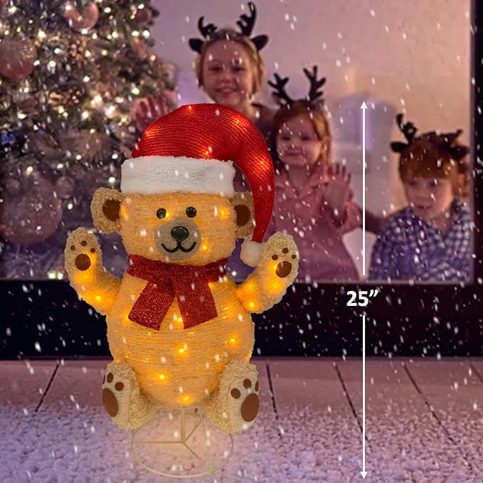 Lighted Christmas Bear Decorations, Pop-Up Bear Outdoor Yard Woodland Christmas Decor Prelit 70 Lights, Collapsible Lighted Bear Wears Santa Hat for Home Porch Yard Christmas Décor-Brown