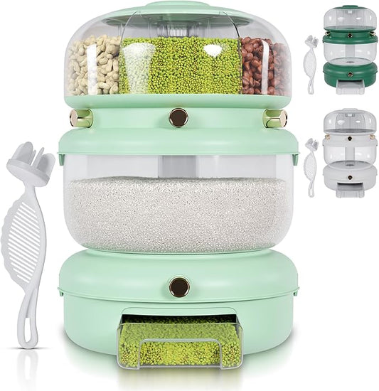 Airtight Rice Container Dispenser- Rotating Rice Dispenser with Strainer, 6 Grain Holding Options- Versatile Grain Storage Container for Pantry, Food Bucket for Cereal, Beans, Oatmeal (Mint)