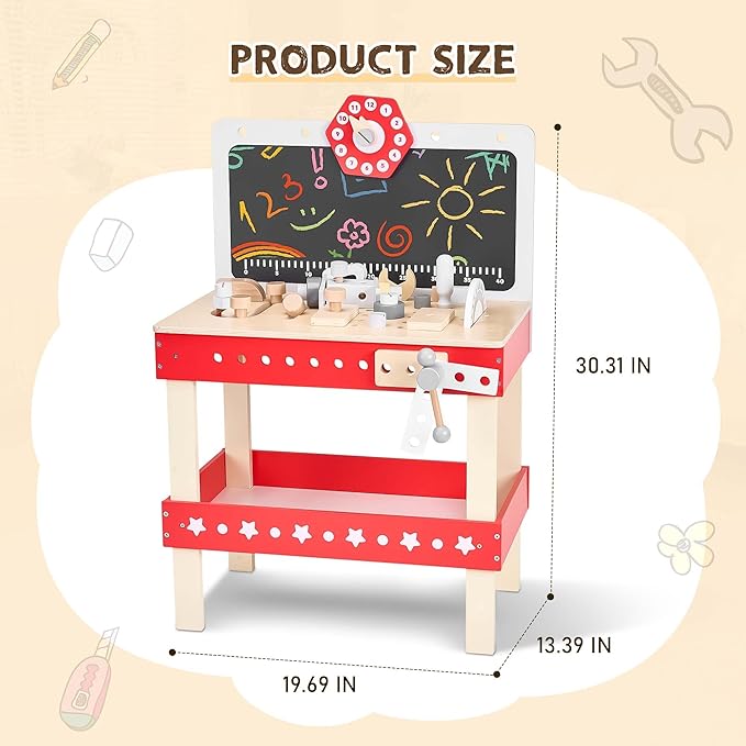 Kids' Wooden Tool Workbench Playset with STEM Construction Toys, Toddler Tool Bench with Ample Storage Space and Blackboard, Creative Gift for Ages 3-7, Red