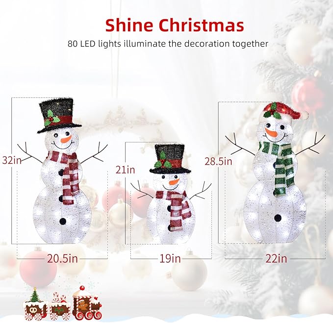 3-Piece 2D Light-Up Christmas Snowman Family Set - Large Outdoor Yard Decoration Holiday Decor with 80 LED Warm White Lights