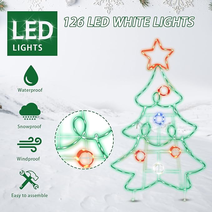 Outdoor Christmas Tree Decoration Christmas Lighted Xmas Tree with Star Neon Rope 126 LED Lights Decoration for Xmas Home Pathway Lawn Party Display