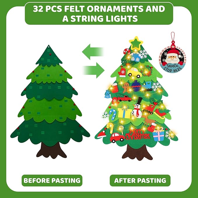 Onekka Felt Christmas Tree Set with 32 Ornaments for Kids, Xmas Gifts, 3.2ft DIY Felt Christmas Tree Wall Hanging Christmas Decorations with String Light (Batteries Not Included)