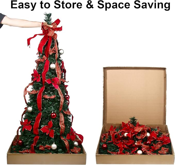 6FT Pop Up Christmas Tree with Prelit Lights and Decorations & Remote & Timer, Pull Up Artificial with Christmas Ball Ornaments Bows Ribbons for Xmas Party Decor