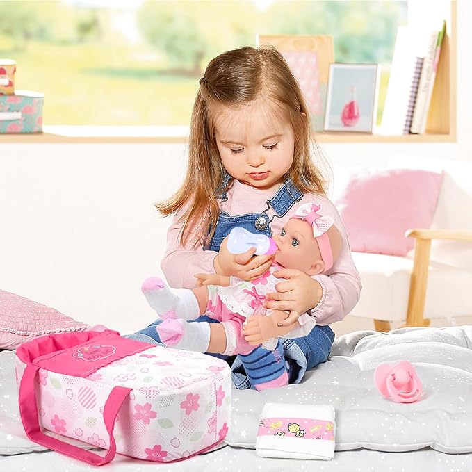 DONTNO 12 Inch Pink Baby Doll with Bassinet Bed,Reborn Baby Doll Includes Clothes and Accessories,Bottles,Nipple,Burp Cloth,Diaper,First Baby Dolls for Toddlers 36 Months and Up