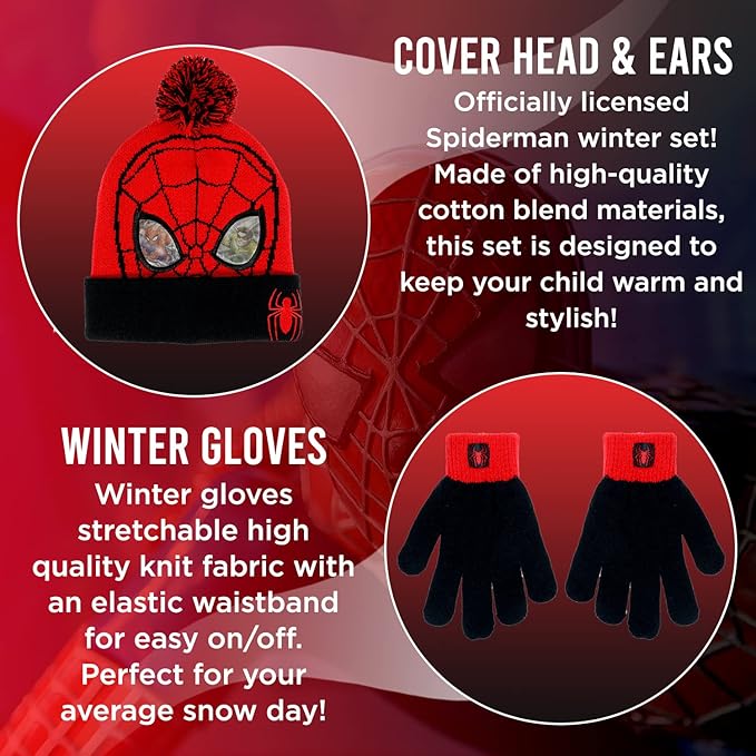 Marvel Spider-Man Kid’s Winter Hat and Snow Gloves for Boys and Toddlers, 2 Pc. Set, Pom-Pom Beanie with Warm Mittens