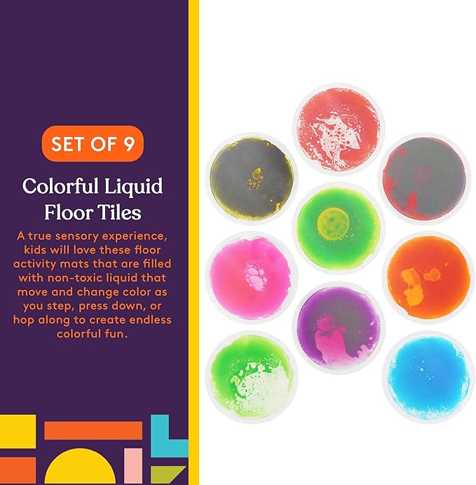 Special Supplies Circle Floor Liquid Tiles for Kids, Set of 9, Colorful Early Learning Activity Mats for Toddlers and Children, Anti-Slip Backing for Active Play, Dance, and Games
