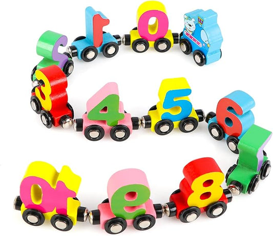 Wondertoys 12 PCS Wooden Number Train Set Toy Includes 1 Engine Cars for Toddlers Boys and Girls, Compatible with Major Brands Train Set Tracks