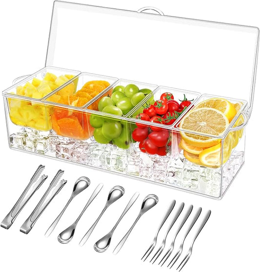 5 Compartment Condiment Server, Ice Chilled Condiment Containers with Lid, Clear Condiment Caddy Serving Tray on Ice with 5 Serving Spoons 5 Fruit Forks 2 Serving Tongs
