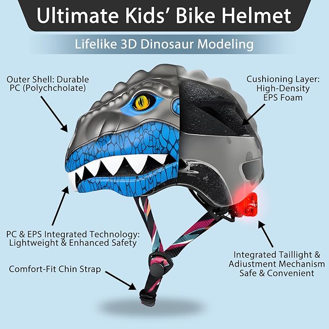 KINGBIKE Toddler Helmet 2-3-5-8 Years Kids Balance Bike Helmets Size Adjustable 3D Dinosaur with Led Light for Skateboard Scooter Cycling Skaterolling