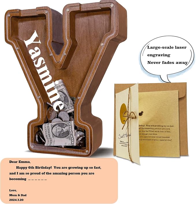 Personalized Wooden Letter Piggy Bank for Kids Larger Letter Piggy Bank for Boys and Girls Initial Coin Bank Customized Piggy Bank Perfect Wood Kids Money Bank for Birthday and Festival