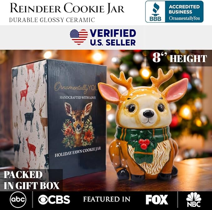 OrnamentallyYou Festive Reindeer 10" Cookie Jar, Christmas Kitchen Festive Deer Decoration