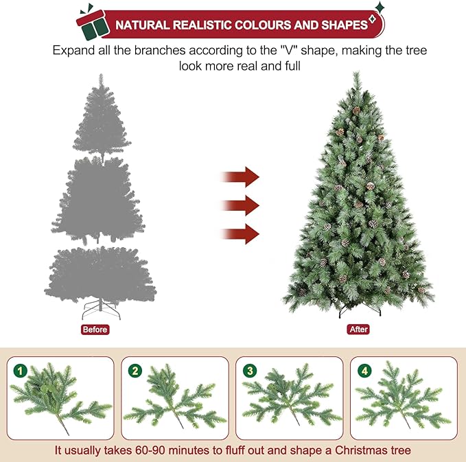 Christmas Tree 7ft, PLuxury Pine Needle -Premium Christmas Trees Flocked Trees - Artificial Xmas Tree