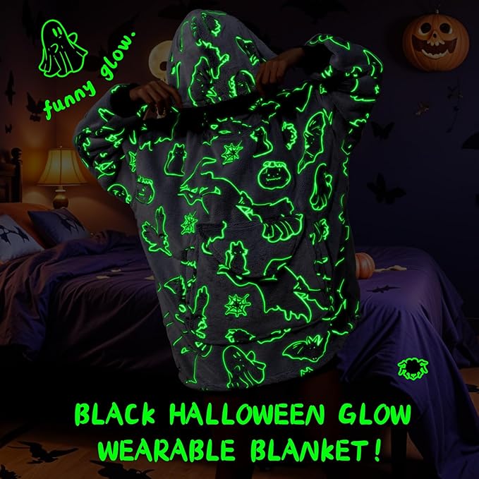 REXEO Halloween Blanket Hoodie Gifts for Kids - Wearable Blankets for Toddler 6-10 Year Old, Halloween Birthday Gifts Decorations, Flannel Hooded Blanket with Larger Pocket for Boys Girls