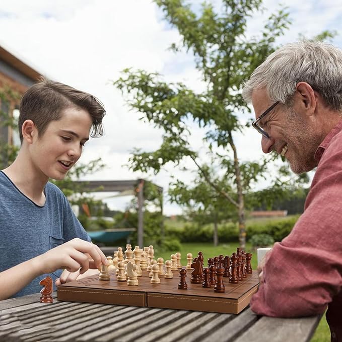 2 in 1 Magnetic Chess Set & Checkers Board Game, 15" Handmade Folding Chess Board, Portable Travel Chess Set, Beginner Chess Board Game for Adults & Kids (15 Inch)