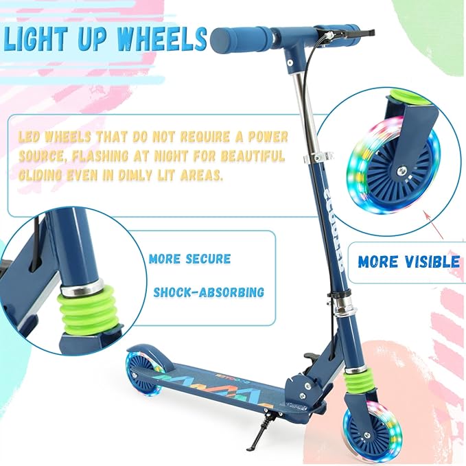 TENBOOM Scooter Kids Scooter with Handbrake, Toddler Scooter Scooters for Kids 3+, Light up LED Wheels Toys for Kids, Adjustable Handlebar, Foldable Scooter for Kids
