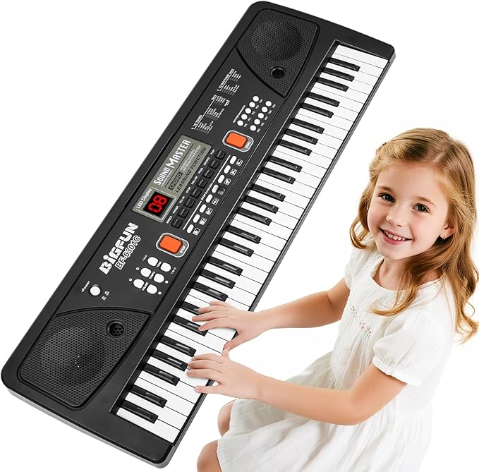 61-Key Kids Piano Keyboard for Beginners - Rechargeable Electronic Music Toy Piano with Music Stand Microphone LED Display AUX in - Birthday for 3-9 Year Old Boys Girls (Black)