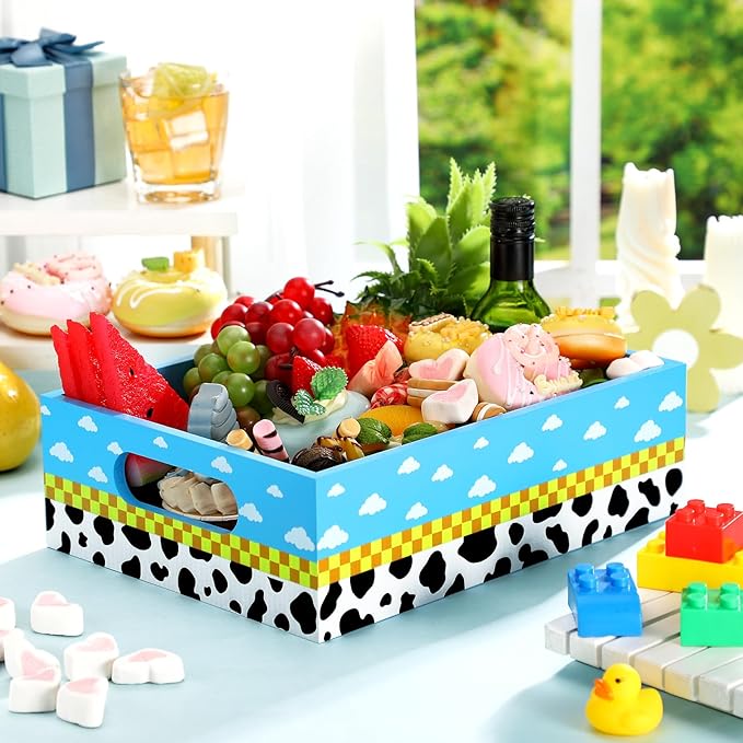 Cartoon Birthday Party Supplies Blue Sky White Clouds Theme Wooden Snack Tray Toy Party Baby Shower Supplies Reusable Snack Organizer with Handles for Decorations