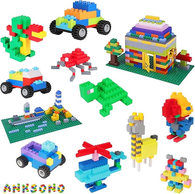 1000 Pieces Building Bricks, Classic Building Bulk Block for Kids with 12pcs Wheels Accessories, Windows, Doors, 2 Packs Studs Sticky Plate, Compatible with All Major Brands, Gfits for Kids