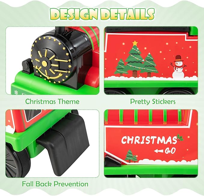 Olakids Kids Ride On Train with Track, 6V Electric Toy with Lights and Sounds, Retractable Footrest, Under Seat Storage, Christmas Theme Battery Powered Gift for Toddlers Boys Girls (Christmas Style)