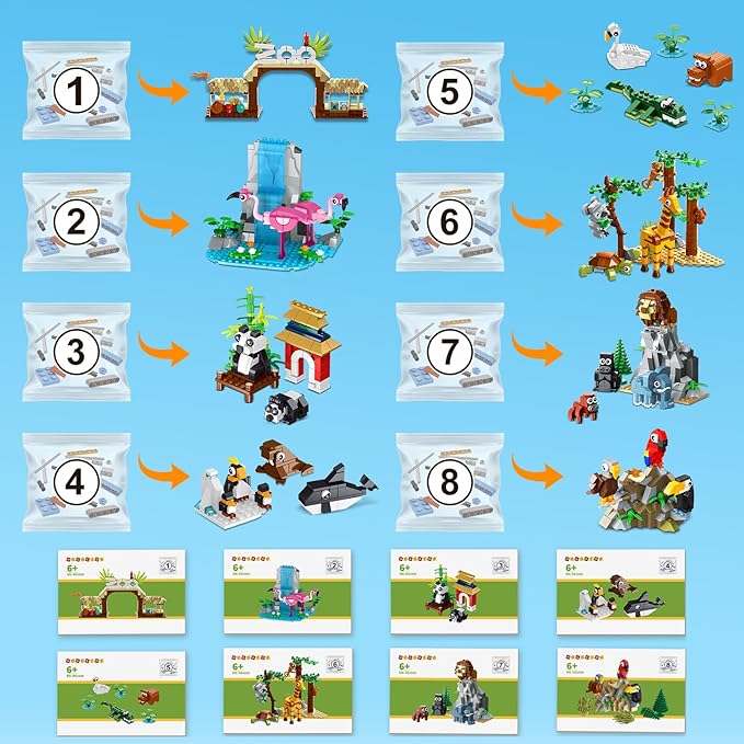 HOGOKIDS 25 Animals Zoo Building Set with Play Mat - 8 Pack Zoo Scene modules Building Blocks Toy for Party Favors Goodie Bag Classroom Prizes Fillers Birthday Gifts for Kids Boys Girls 6+ (1460PCS)
