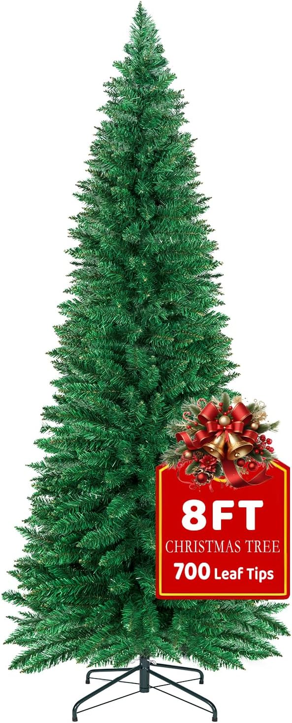 8FT Christmas Tree,Artificial Pencil Christmas Tree with 700 Branch Tips,Xmas Tree with Solid Metal Foldable Stand Perfect for Indoor&Outdoor,Christmas Decoration for Party by DNKMOR