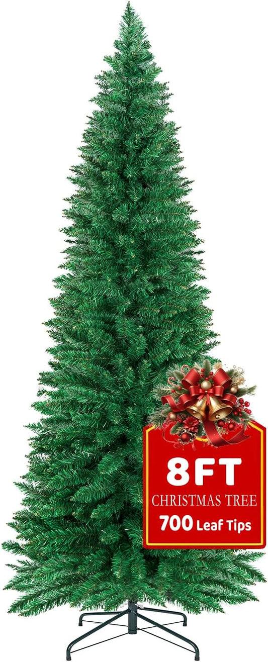 8FT Christmas Tree,Artificial Pencil Christmas Tree with 700 Branch Tips,Xmas Tree with Solid Metal Foldable Stand Perfect for Indoor&Outdoor,Christmas Decoration for Party by DNKMOR