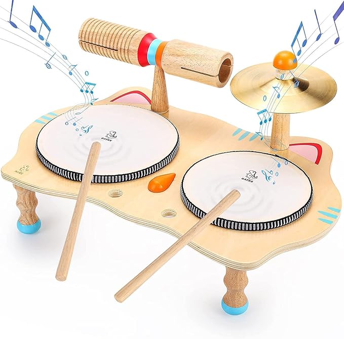 oathx Kids Drum Set All in One Montessori Musical Instruments Set Toddler Toys Natural Wooden Music Kit Baby Sensory Toys Months Birthday Gifts for Girls Boys