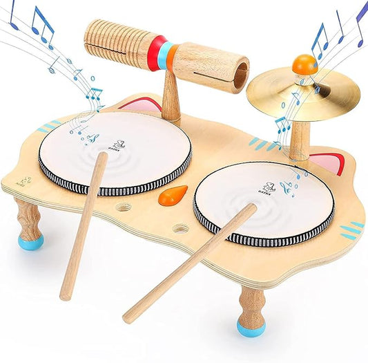 oathx Kids Drum Set All in One Montessori Musical Instruments Set Toddler Toys Natural Wooden Music Kit Baby Sensory Toys Months Birthday Gifts for Girls Boys