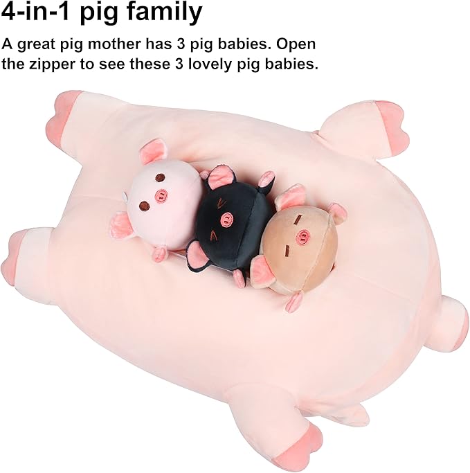 Achwishap Pig Stuffed Animal Mommy 19.6” with 3 Pig Plushies,4 PCS Cute Pig Plush Pillow,Kawaii Toys Soft Hugging Pillow for Kids Girls Boys Gifts(Pink Pig Family)