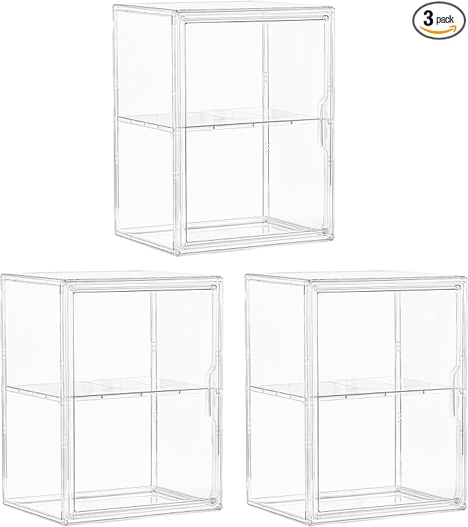 Acrylic Display Case for Collectibles, Clear Storage Bin with 3 Adjustable Layers and1 Removable Divider, Stackable Clear Storage Box with Magnetic Door for Figures, Home or Office,Large,3 Pack