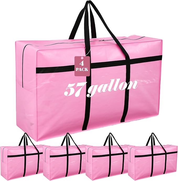 Windyun 4 Pack 57 Gallon Extra Large Storage Bags XXL Moving Bags with Zipper Handles Heavy Duty Jumbo Big Totes Box for Halloween Skeleton 4-12 Feet Christmas Tree Storage College Dorm Cloth (Pink)
